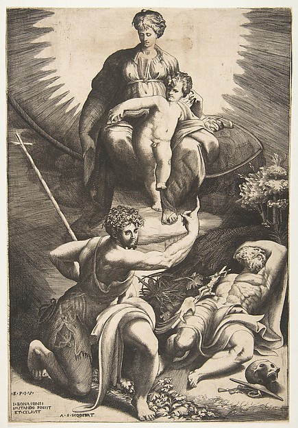 The vision of Saint Jerome who is asleep in the bottom right, the Virgin and Child appear above being pointed to by Saint John the Baptist by Giulio Bonasone