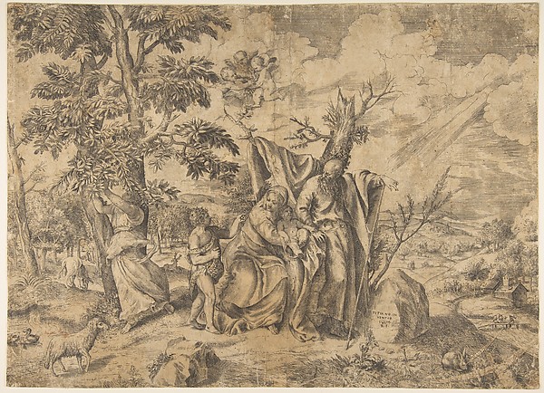 The Rest on the Flight into Egypt, Joseph at right, the Virgin holds the Christ Child in the centre, other figures to the left by Giulio Bonasone