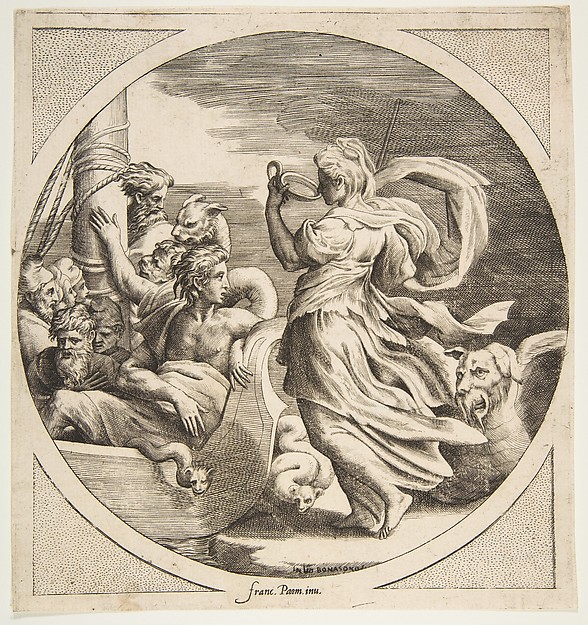 Circe drinking from a cup with the companions of Ulysses in a boat at left, a circular composition