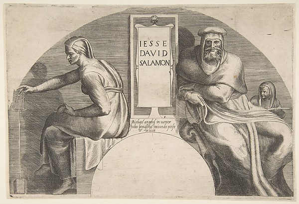 The ancestors of Christ flanking an inscribed tablet, an arched top composition