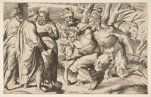 Two satyrs brining Silenus King Midas standing at the left