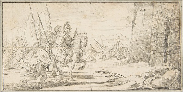 Illustration for a Book:  Troops Advancing toward a City Gate