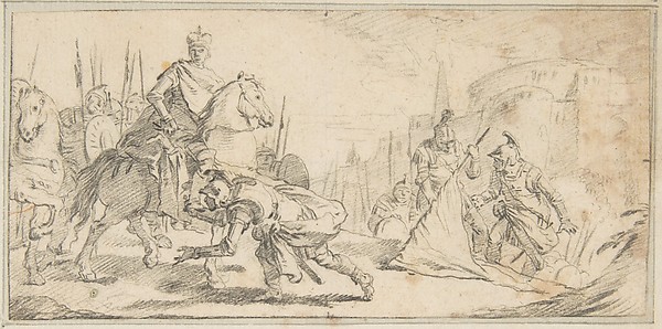 Illustration for a Book:  Soldiers Surrendering to an Emperor, with a City in the Background