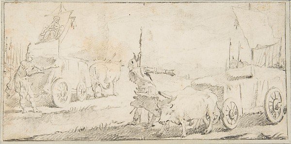 Illustration for a Book:  Soldiers Driving Ox Carts with Banners