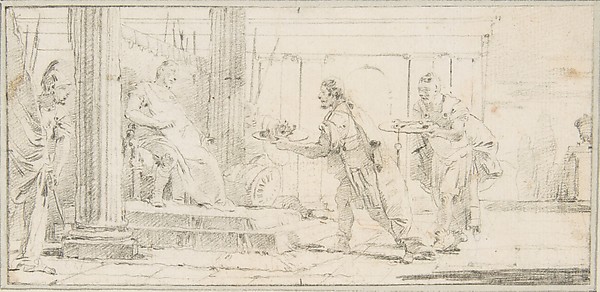Illustration for a Book:  Soldiers Offering the Decapitated Head of a Man and Keys to a General