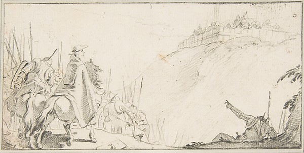 Illustration for a Book:  Cardinal with Troops Facing a Fortification on a Hilltop