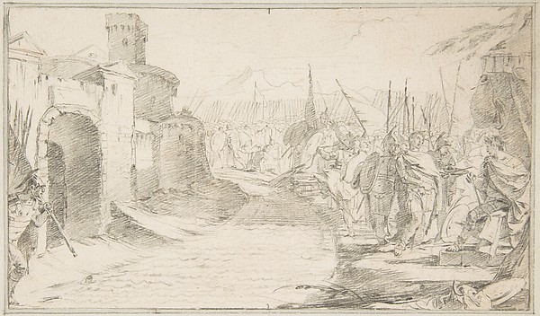Illustration for a Book:  Meeting Between Two Generals (?) before a Fortified Town