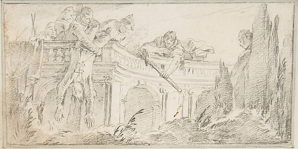 Illustration for a Book: Scene of Men Disposing of Corpse in a Garden