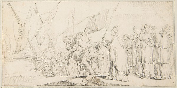 Illustration for a Book:  Pope Handing a Banner to a Crusader, with Ships in the Background