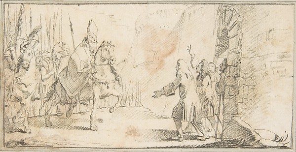 Illustration for a Book:  Reception of a Bishop Leading an Army at a City Gate