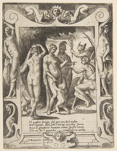 The judgment of Paris, set within an elaborate frame, from "Loves, Rages and Jealousies of Juno"