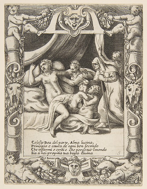 A woman in labor imploring the aid of Lucina set within a decorative cartouche, from "Loves, Rages and Jealousies of Juno"