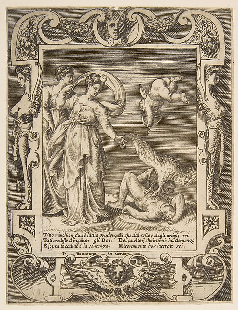 A vulture eating the innards of Titius, Cupid above two women to the left, set within and elaborate frame, from "Loves, Rages and Jealousies of Juno"