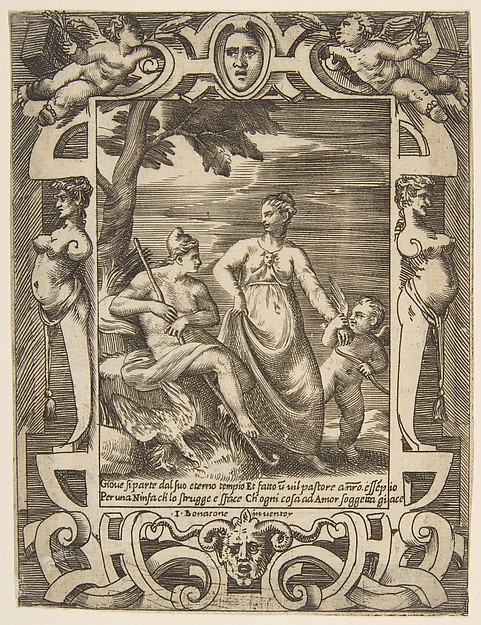 Jupiter at left in the form of a shepherd accompanied by Mnemosyne, set within an elaborate cartouche, from "Loves, Rages and Jealousies of Juno"