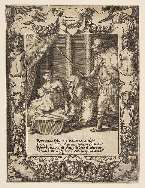 Juno persuading Athena to nurse the young Hercules, set within an elaborate frame, from "Loves, Rages and Jealousies of Juno"