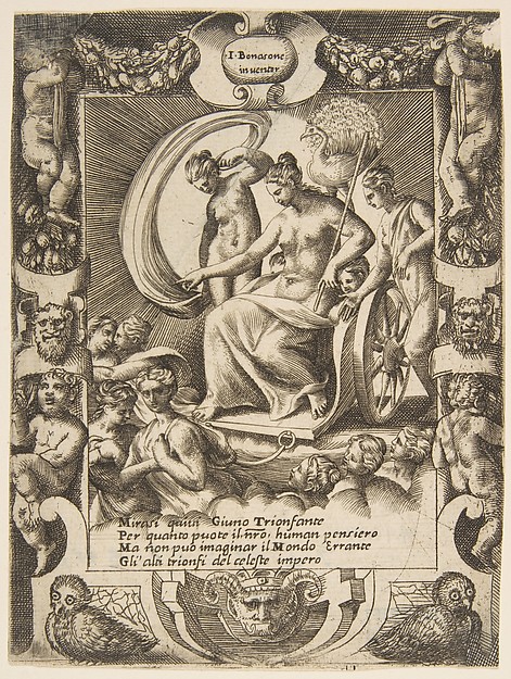 The triumph of Juno who is sat in a carriage, set within a elaborate frame, from "Loves, Rages and Jealousies of Juno"