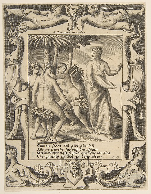 Juno at the right turning and speaking to the Fates, set within an elaborate frame, from "Loves, Rages and Jealousies of Juno"
