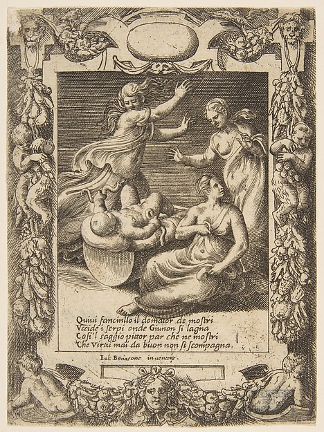 The infant Hercules killing the snakes, set within an elaborate frame, from "Loves, Rages and Jealousies of Juno"