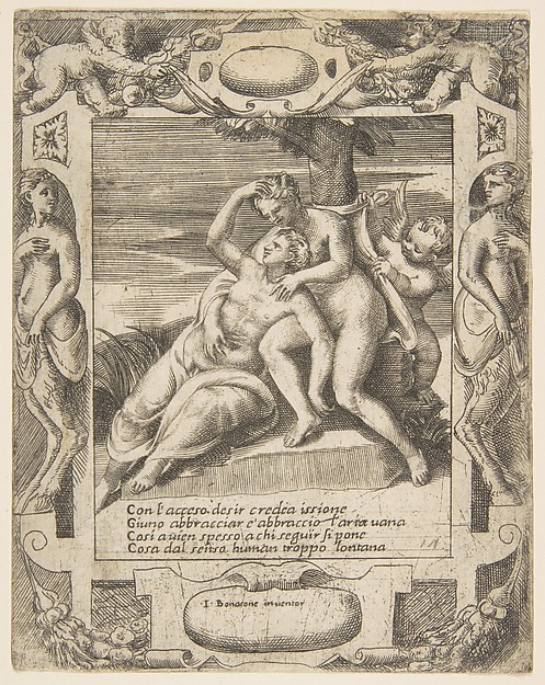 Ixion embracing a cloud, thinking it is Juno, Cupid at the right, set within an elaborate frame, from "Loves, Rages and Jealousies of Juno"