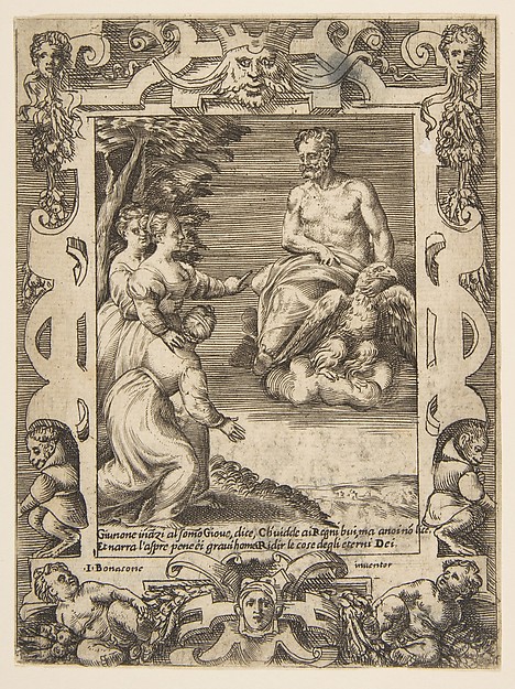 Juno at left asks Jupiter to help the Greeks, set within an elaborate frame, from "Loves, Rages and Jealousies of Juno"