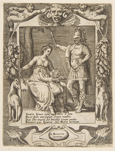Juno, Mars and Cupid, set within an elaborate frame, from "Loves, Rages and Jealousies of Juno"
