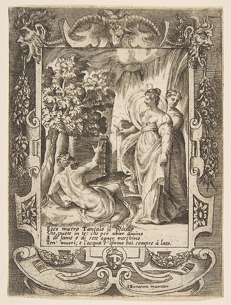 Tantalus at left speaking to Diana at right, set within an elaborate frame, from "Loves, Rages and Jealousies of Juno"