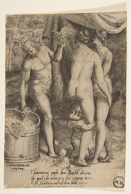 Bacchus at left giving grapes to women, from "The Loves of the Gods"
