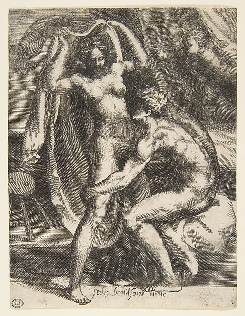 Two lovers, a man pulling a woman toward a bed, from "The Loves of the Gods"