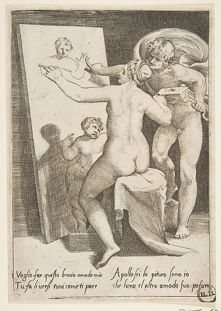 Apollo standing a beside a woman representing an allegory of painting, from "The Loves of the Gods"