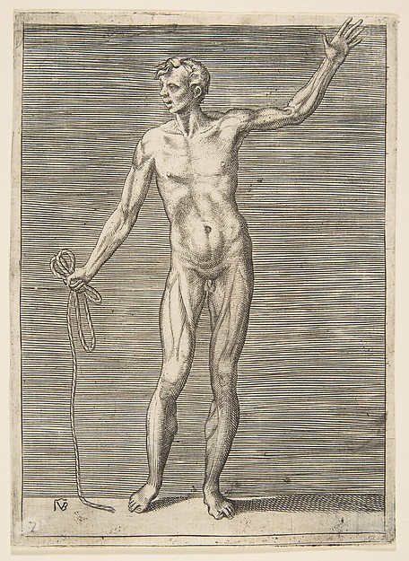 Man seen from the Front, holding a Rope in his right Hand
