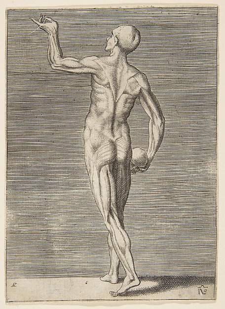 Man seen from the Back, holding a Skull in his right Hand