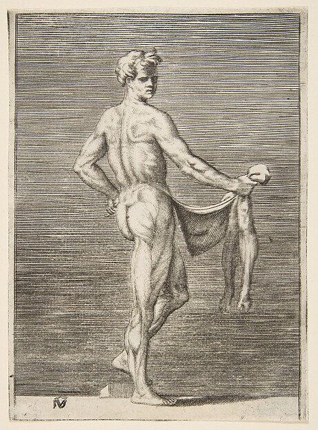 Flayed man seen from behind