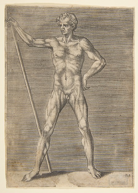 Flayed man seen from in front, holding a stick