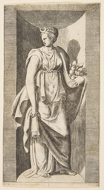 Diana holding fruit in her left hand standing within a niche