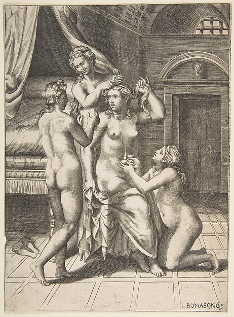 The toilet of Psyche who is seated in the centre being attended to