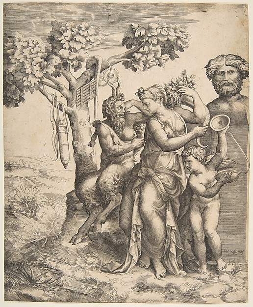 Pan at the left seated next to a standing nymph, to the right Cupid holding cymbals