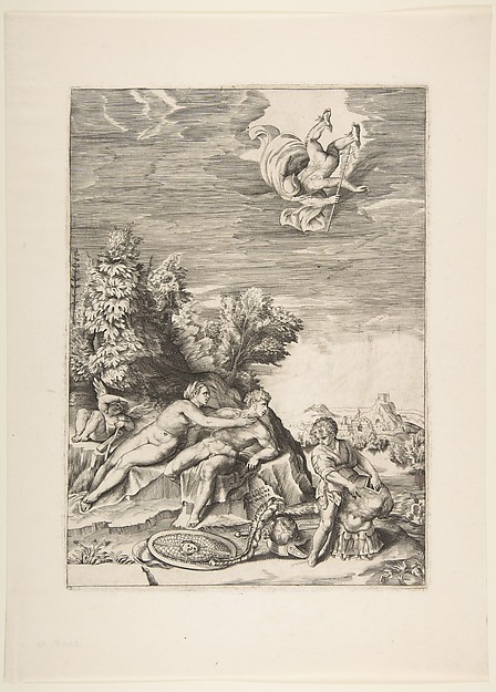 Calypso trying to detain Ulysses as a child prepares his armour at right and Mercury falls from the sky