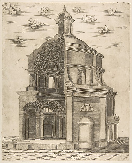 Exterior and interior section of a temple in Rome dedicated to Neptune