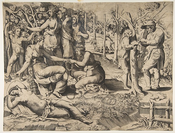 Flora in the centre passing a wreath to another woman, surrounded by other figures