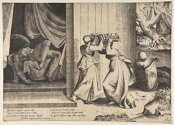 Judith passing the head of Holofernes to her maidservant, the decapitated Holofernes inside the tent at left