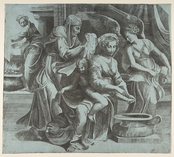 The Virgin washing the Christ Child accompanied by figures and an angel at right by Giulio Bonasone