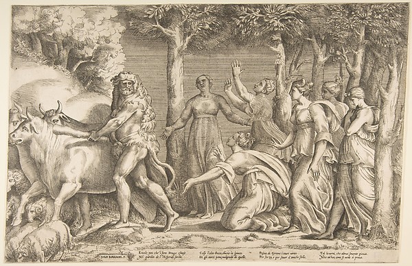 Hercules driving off the cattle of Geryon, at the right are the nymphs of Hesperides