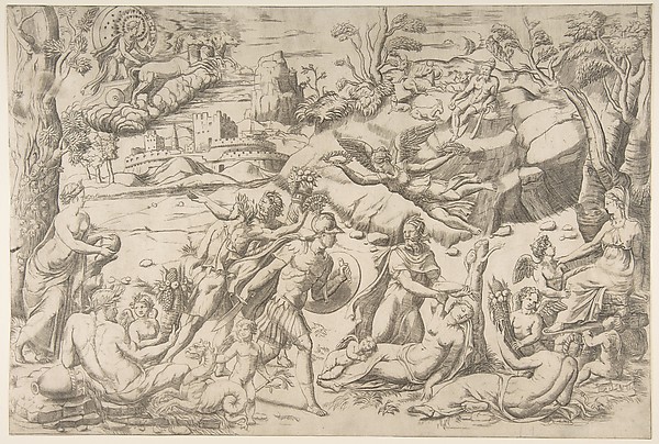 Mars and Rhea Silvia: in the centre Mars holds a shield and sword, Rhea Silvia sleeping, Apollo in his chariot upper left