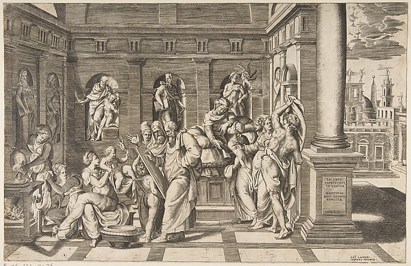The birth of Saint John the Baptist set within a classical building by Giulio Bonasone