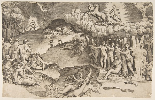 The triumph of love, cupid riding a chariot drawn by unicorn is in the upper right, naked figures fill the composition; a proof impression