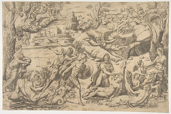Mars and Rhea Silvia: in the centre Mars holds a shield and sword, Rhea Silvia sleeping, Apollo in his chariot upper left