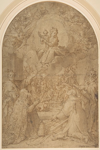 The Virgin and Child Appearing to Saint Peter, Saint Damasus, Saint Lawrence, and Saint Paul; the Martyrdom of Saint Lawrence in the Background by Federico Zuccaro (Zuccari)