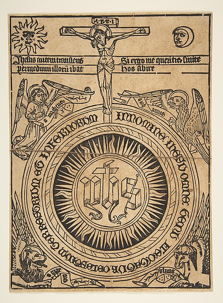 The Sacred Monogram with the Symbols of the Evangelists and the Crucifixion by Anonymous, German, 15th century