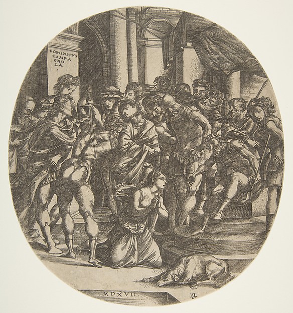 Female figure (Saint Catherine?) kneeling on the ground at center pleading to a male figure (Maximus?) who wears a crown and is seated on a throne at right; at left a figure with raised sword about to strike the woman; a group of figures looking on in the background by Domenico Campagnola