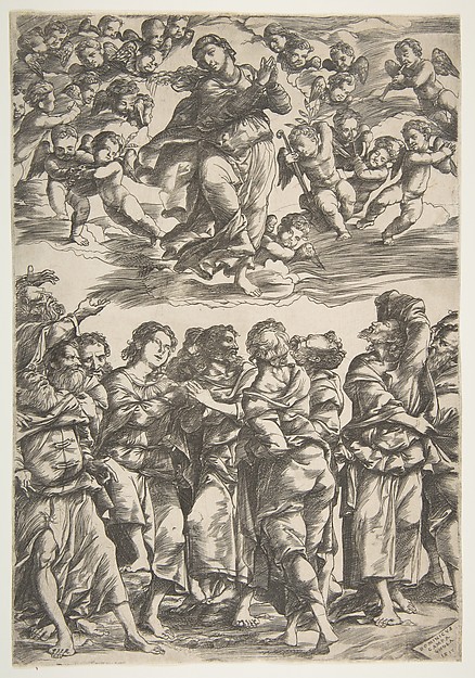 The Virgin at top center in clouds with clasped hands and right foot raised, surrounded by cherubin; below, the twelve apostles stand together gesturing upwards by Domenico Campagnola